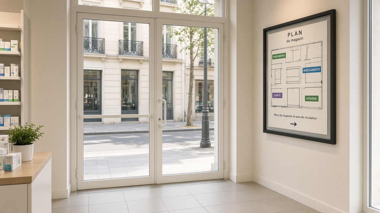 Entrée de pharmacie vue de l'intérieur, plan près de la vitre