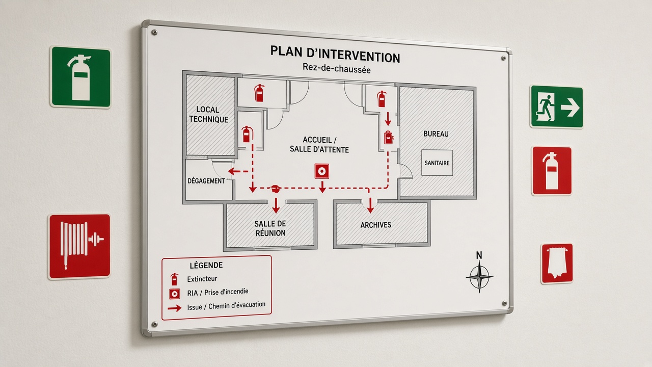 Plan d'intervention et pictogrammes utiles, sans catalogue mural