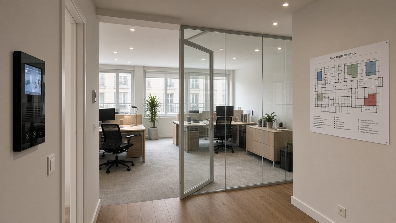 Open space vu depuis l'entrée, plan d'intervention sur le mur droit