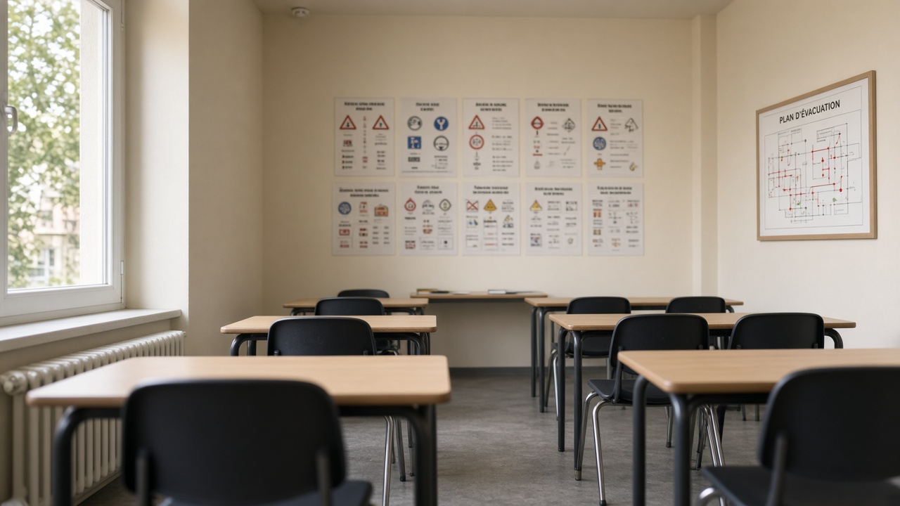 Salle de code d'auto-école, plan d'évacuation pour les occupants