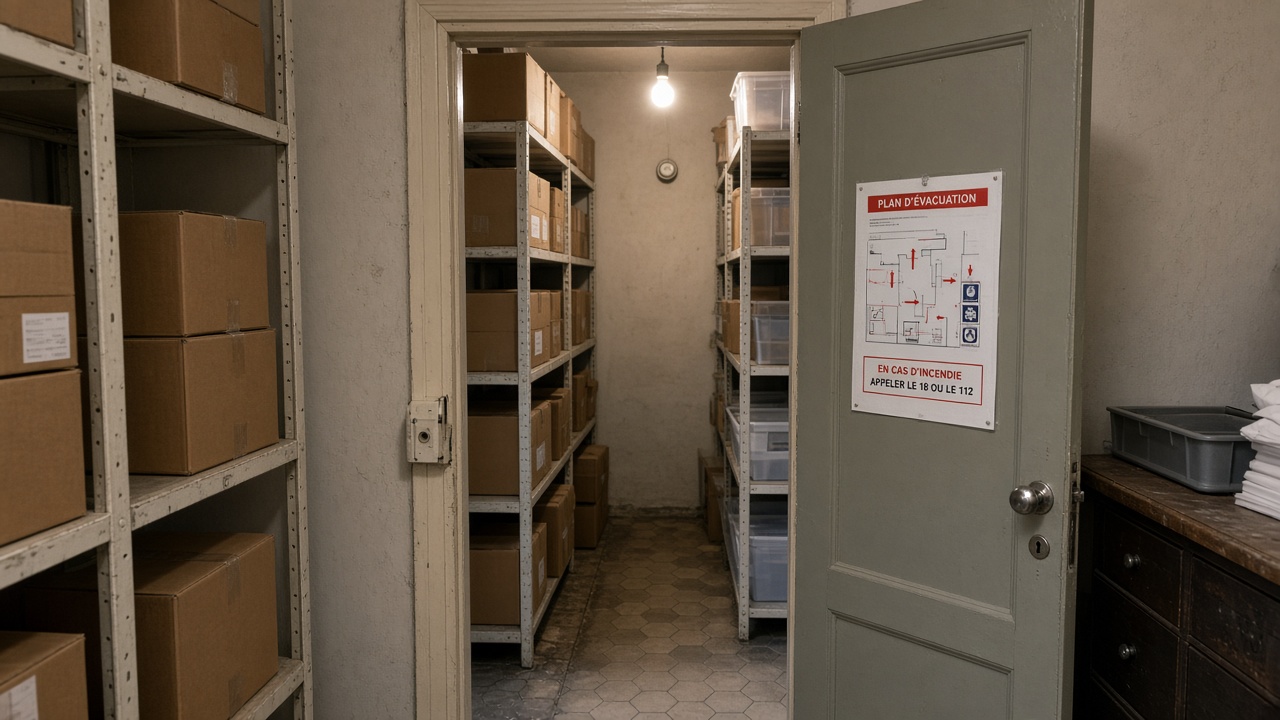 Petit stock de commerce avec plan d'intervention sur la porte