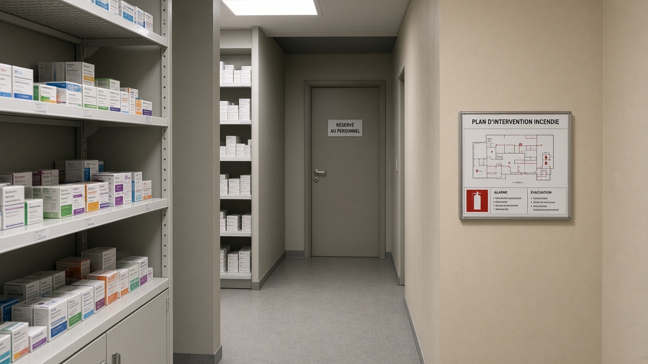 Arrière-boutique d'ERP, pas un entrepôt : plan compact près de la porte du personnel