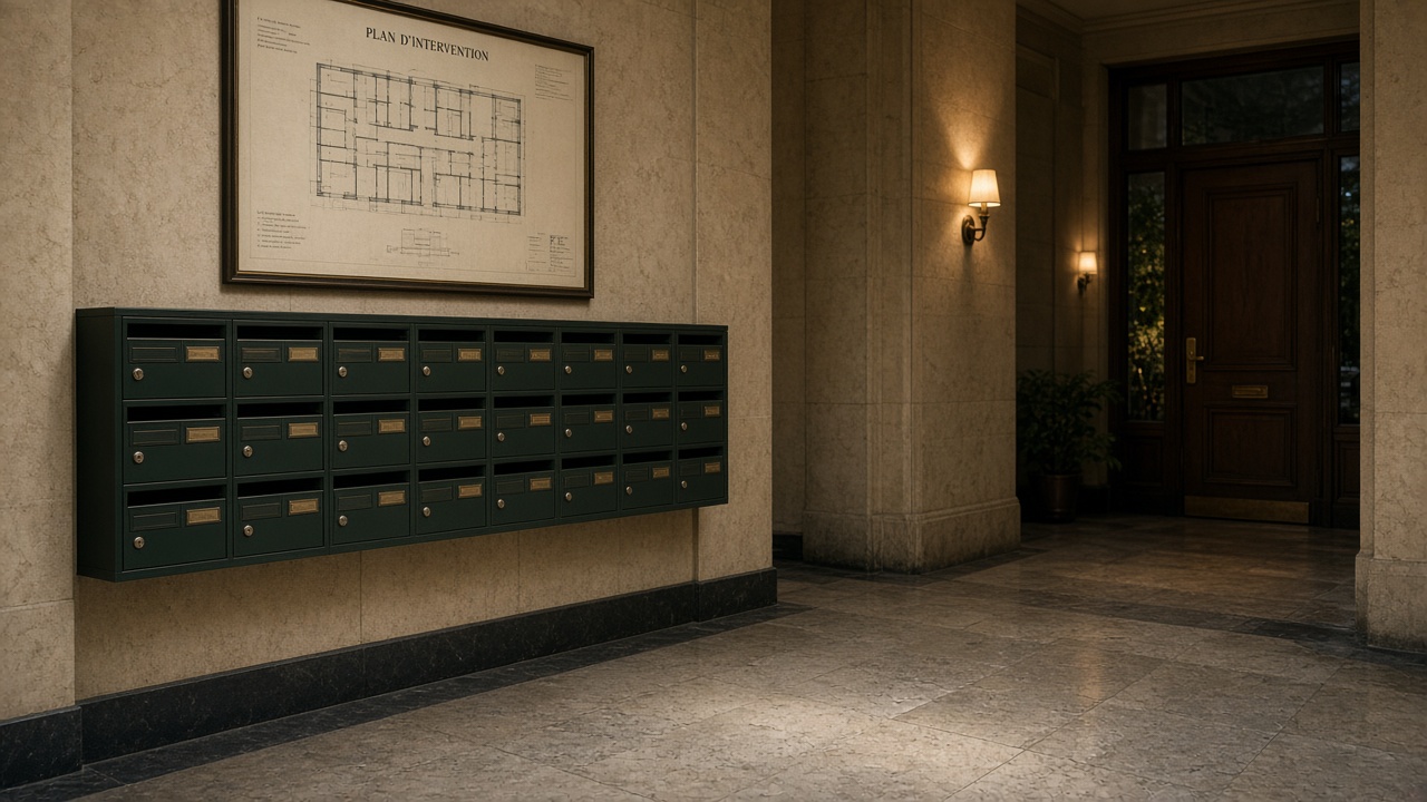 Boîtes aux lettres et plan d'intervention dans un hall parisien