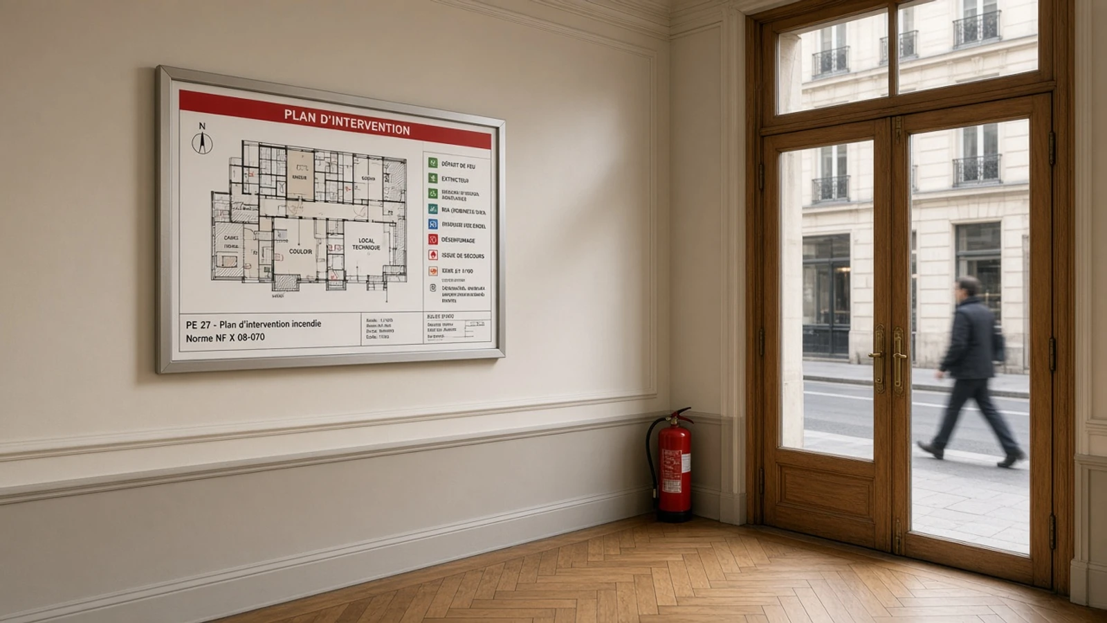 Plan d'intervention affiché à hauteur de lecture dans le hall d'un ERP francilien