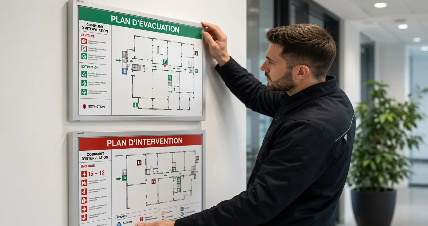 Pose professionnelle de plans d'intervention et d'évacuation dans un hall