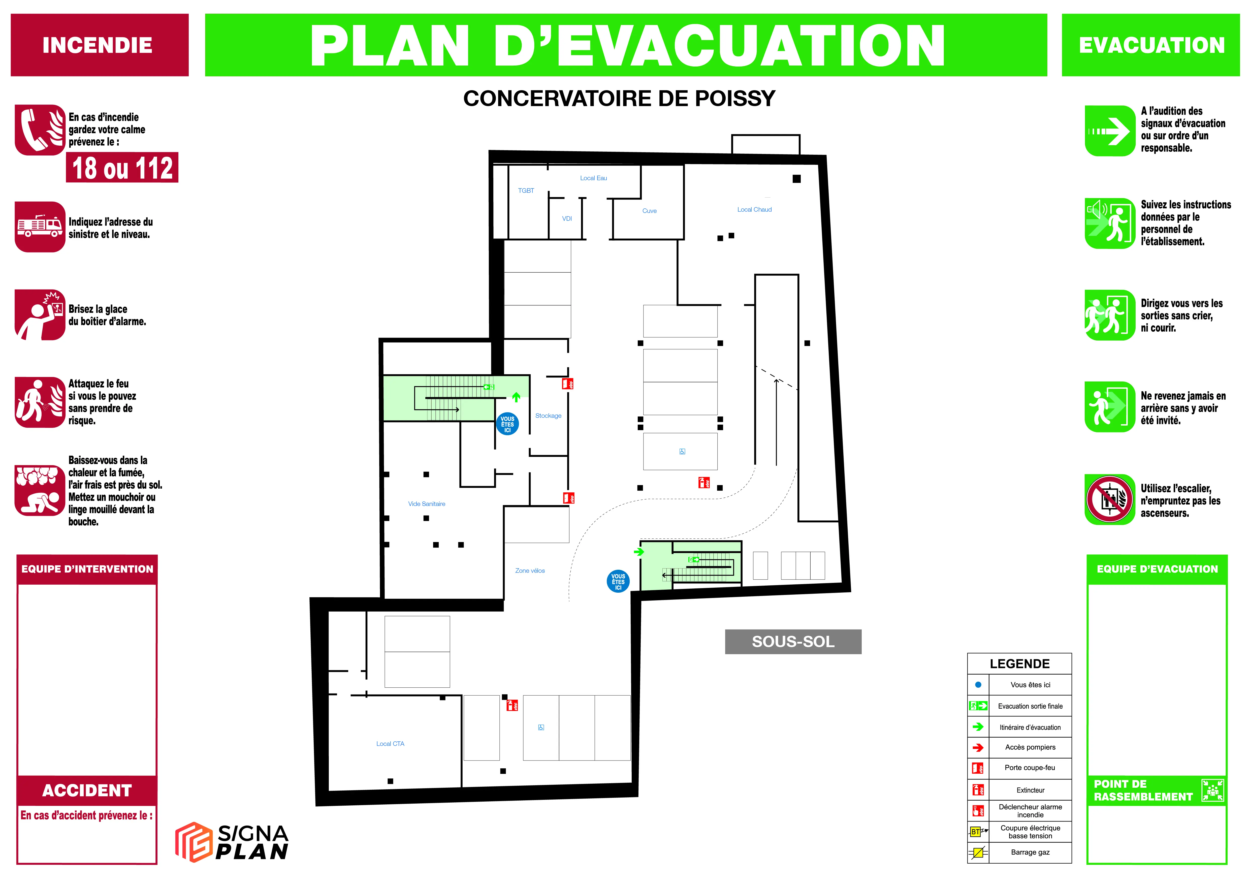 Extrait de plan d'évacuation NF X 08-070 réalisé en PAO par Signaplan
