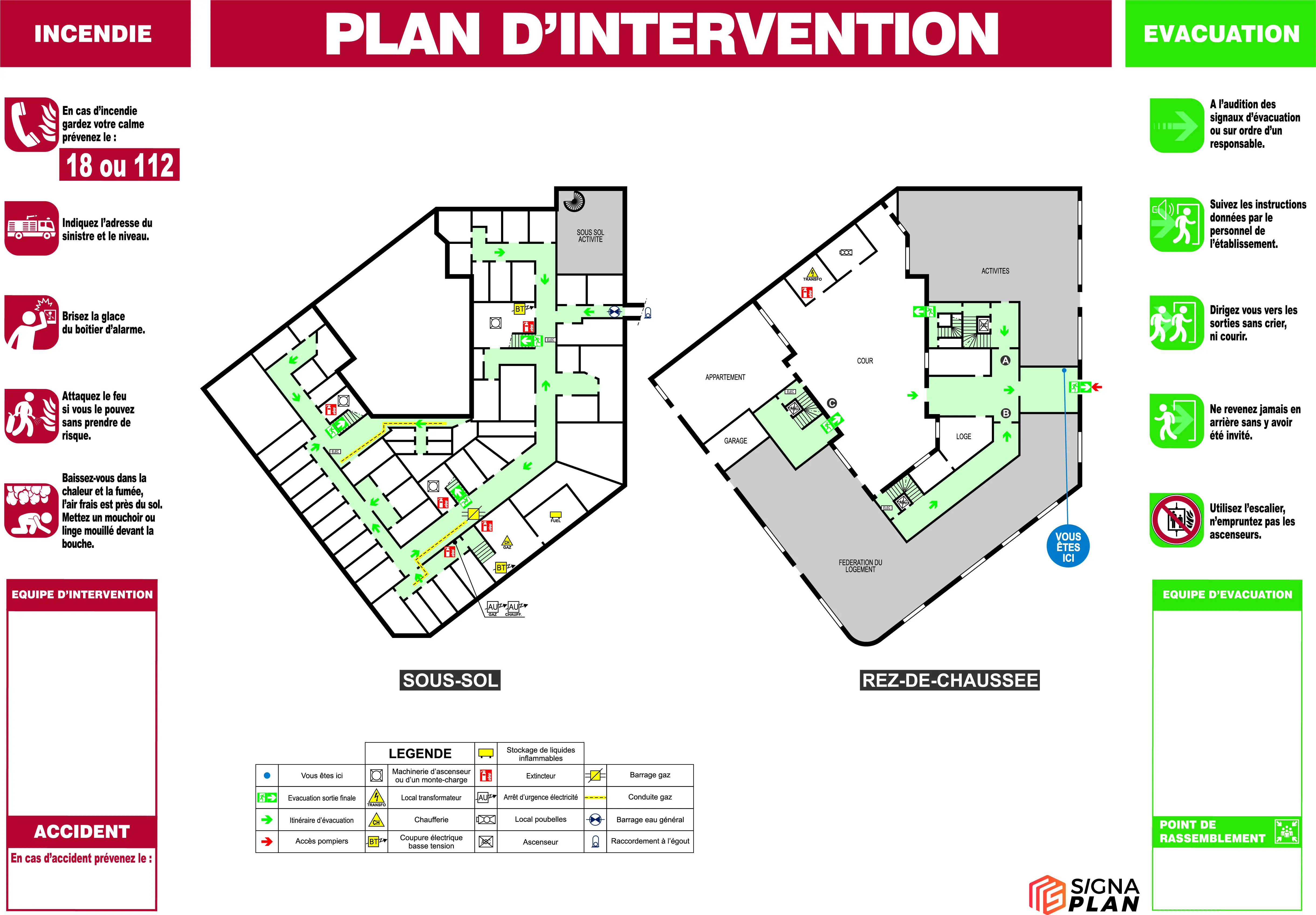 Plan de masse avec implantation du site, accès secours et symbolique NF X 08-070